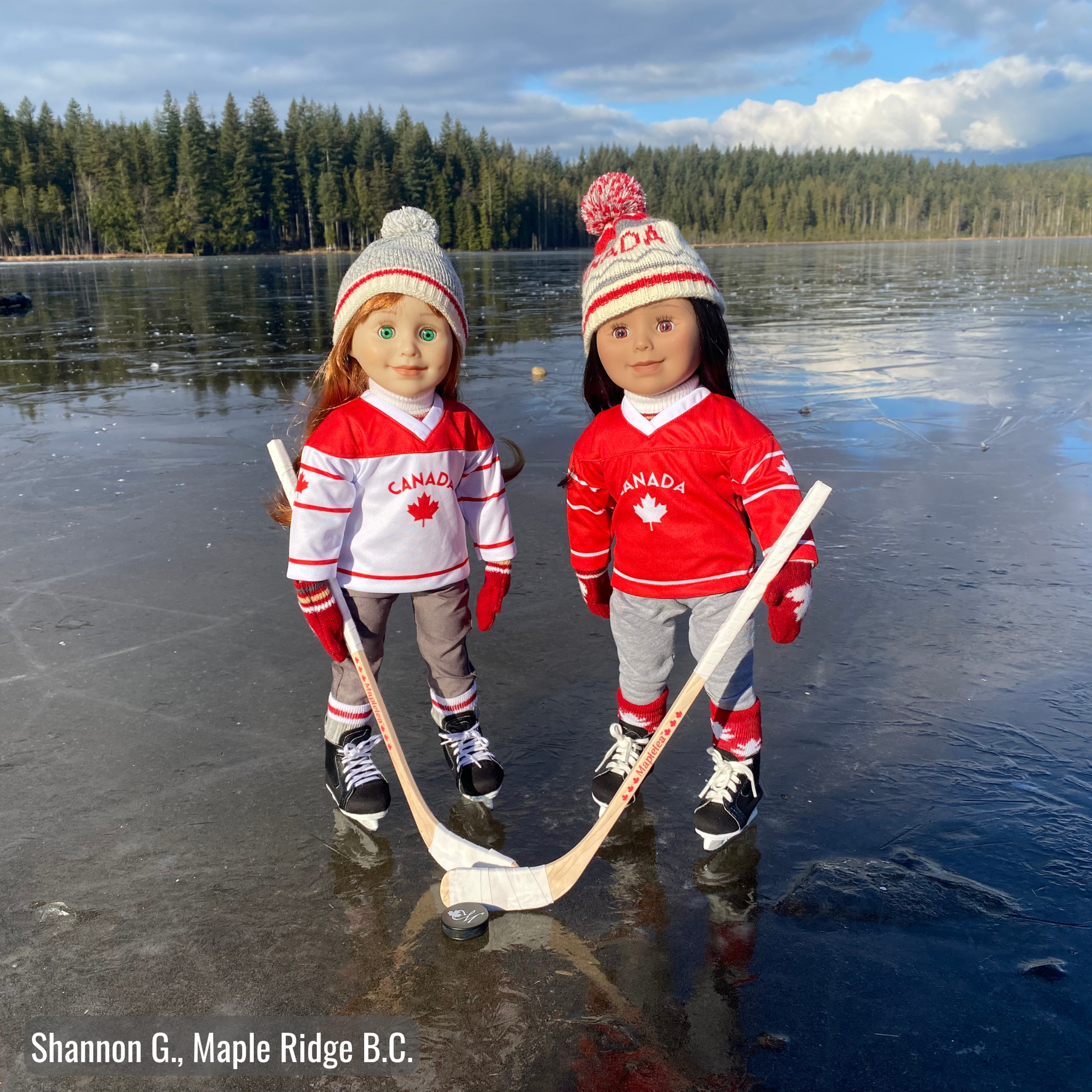 dolls dressed in hockey gear ready to play pond hockey