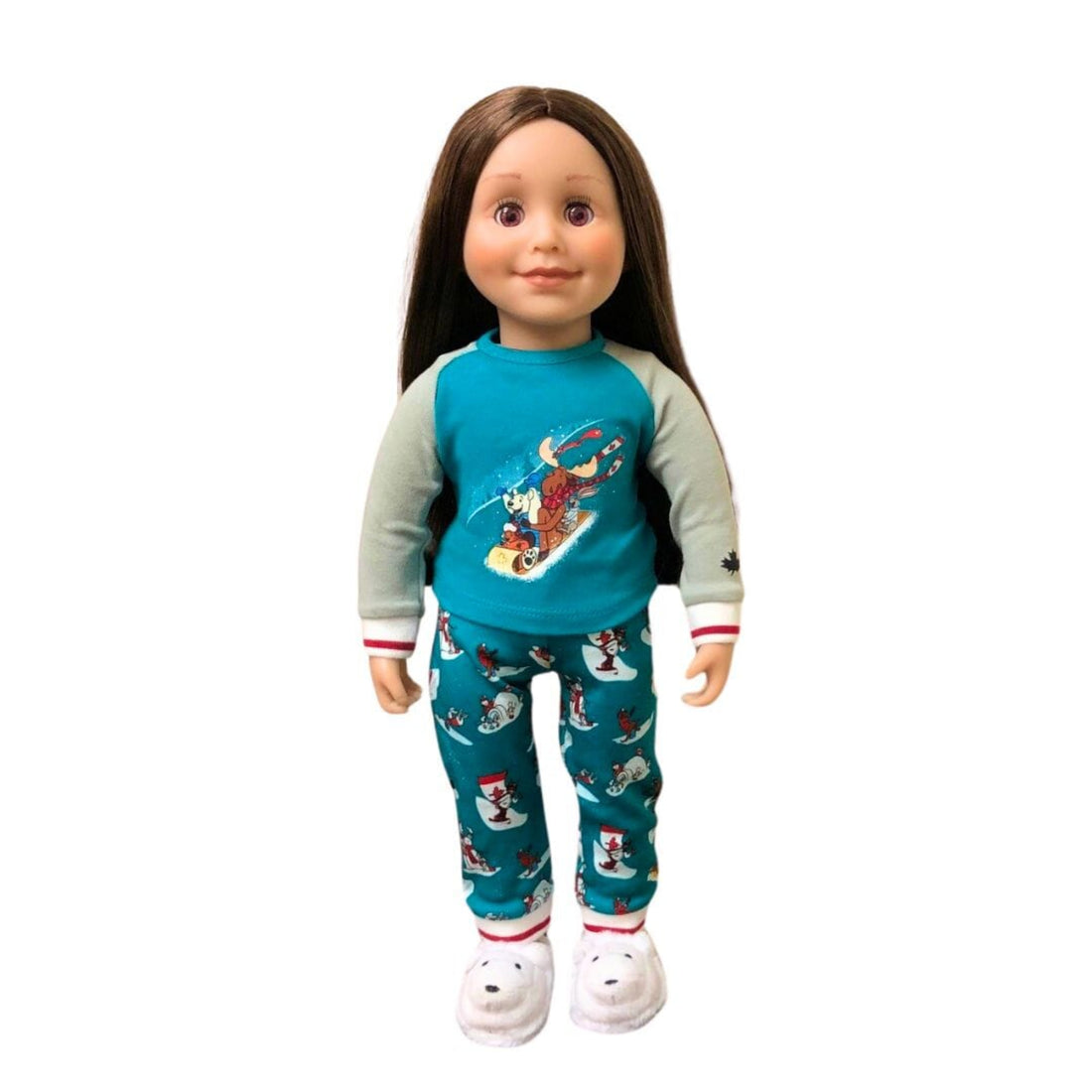 two 18-inch maplelea dolls wearing slippery slop matching pajamas.