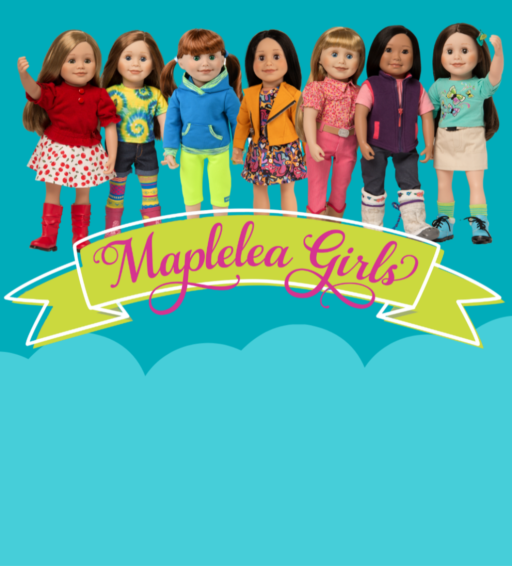 Group of Maplelea Girls dolls with colorful outfits on a blue background