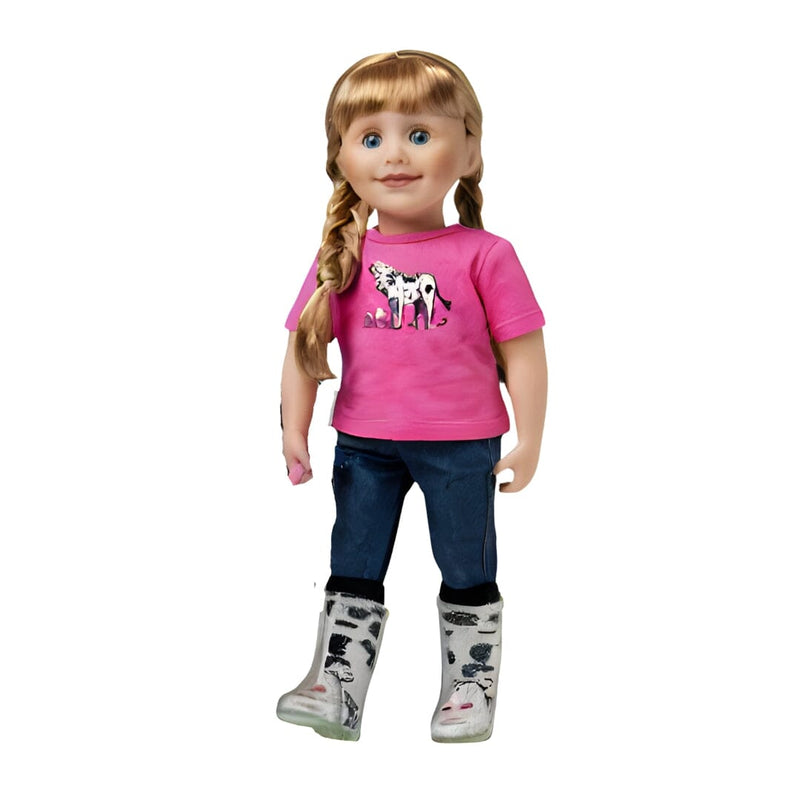 Pink t-shirt with cow graphic, denim jeans and cow-print socks fits all 18 inch dolls. Maplelea.com