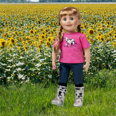 Rainboots with pink t-shirt, jeans and cow-print socks fit all 18" dolls. Maplelea.com