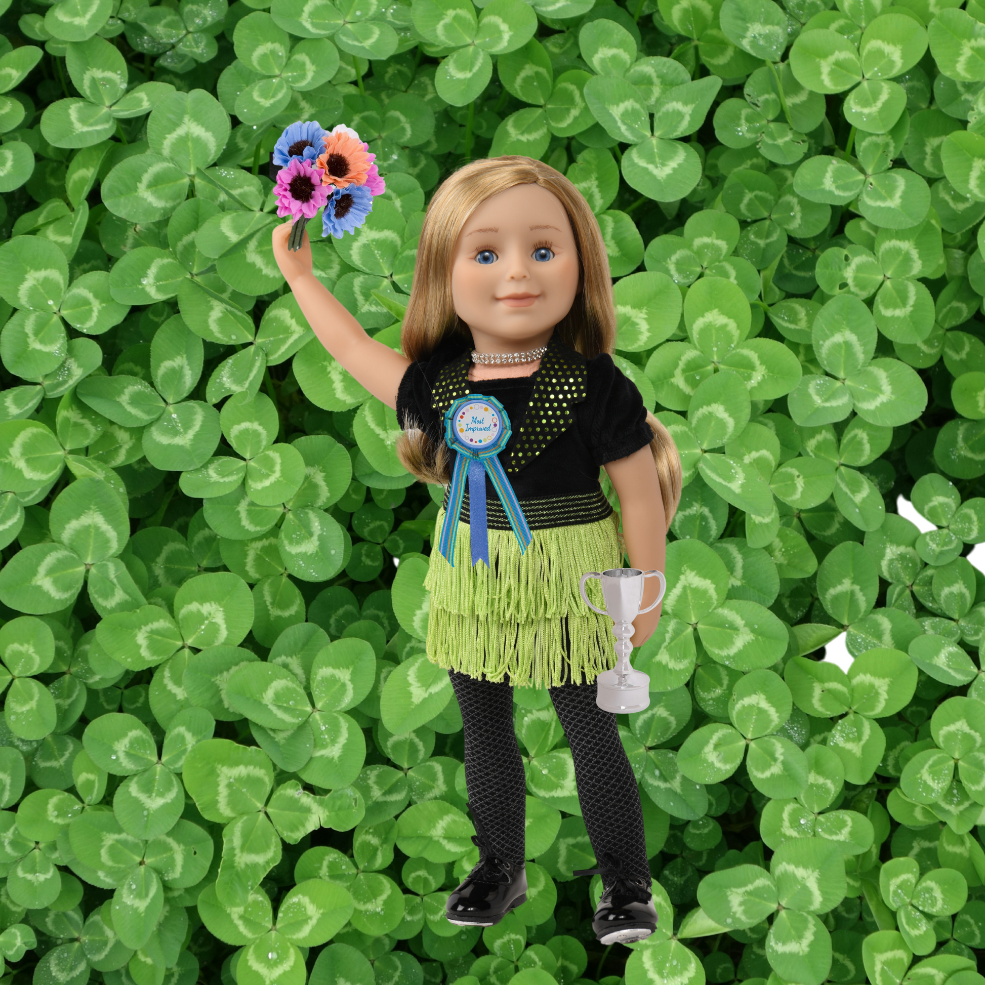 18-inch doll in happy tap set holding bouquet of flowers