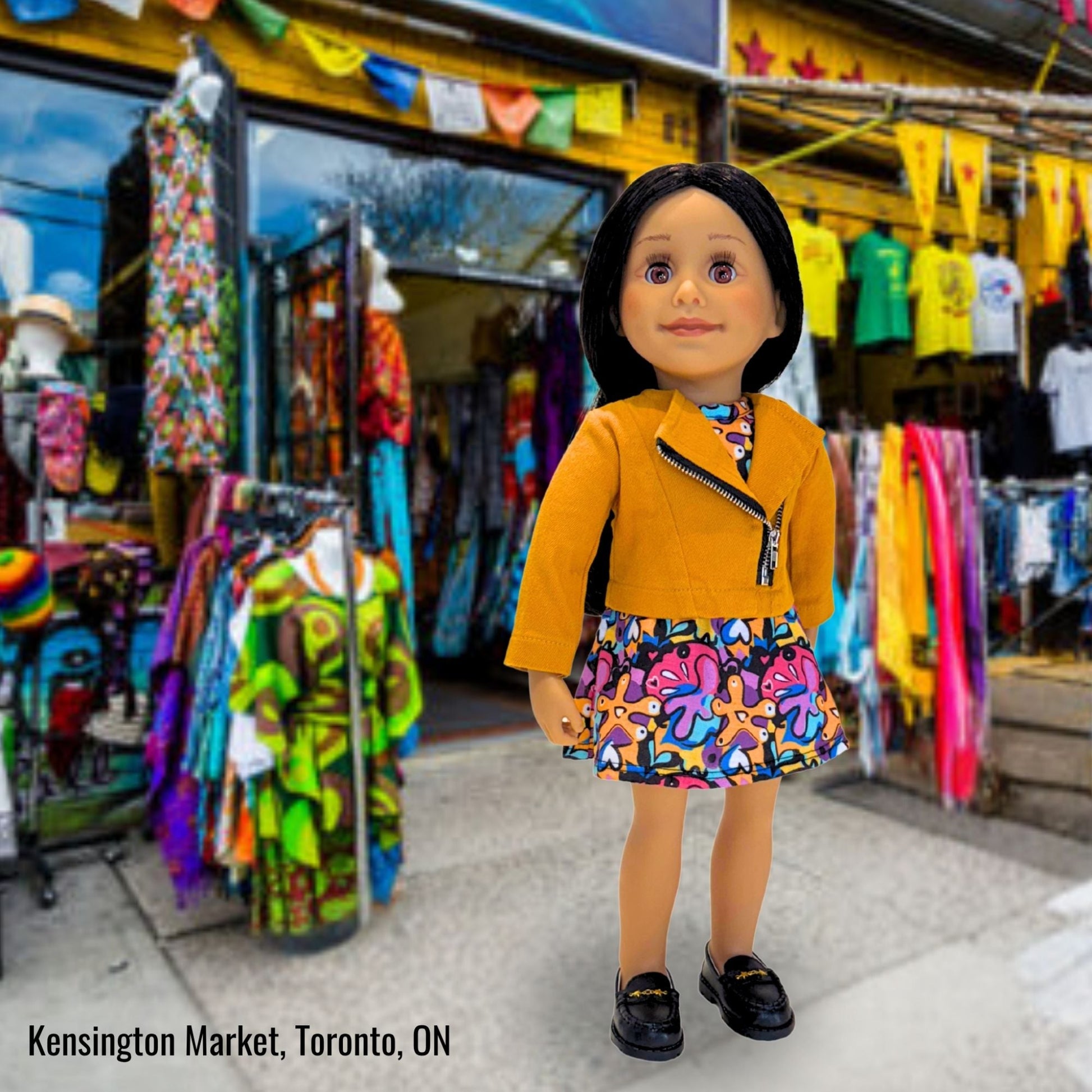 Alexi loves shopping at Kensington Market in Toronto on Pedestrian Sundays where she wears her Kensington loafers from Maplelea.