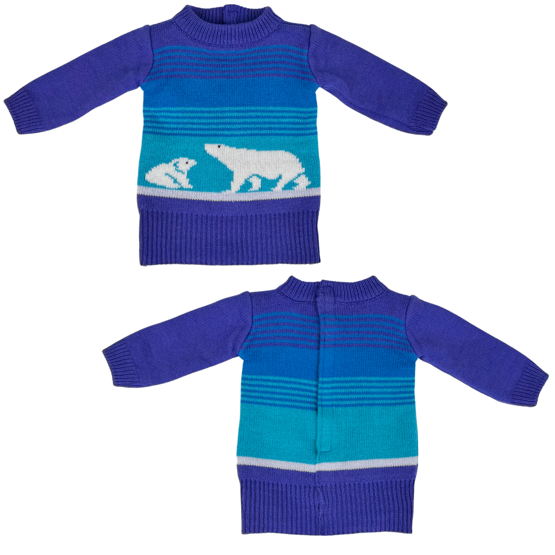 maplelea blue and purple sweater with polar bear design on a white background