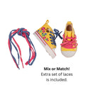 Bright yellow high top runners for dolls are embroidered with colourful flowers and buzzing bee