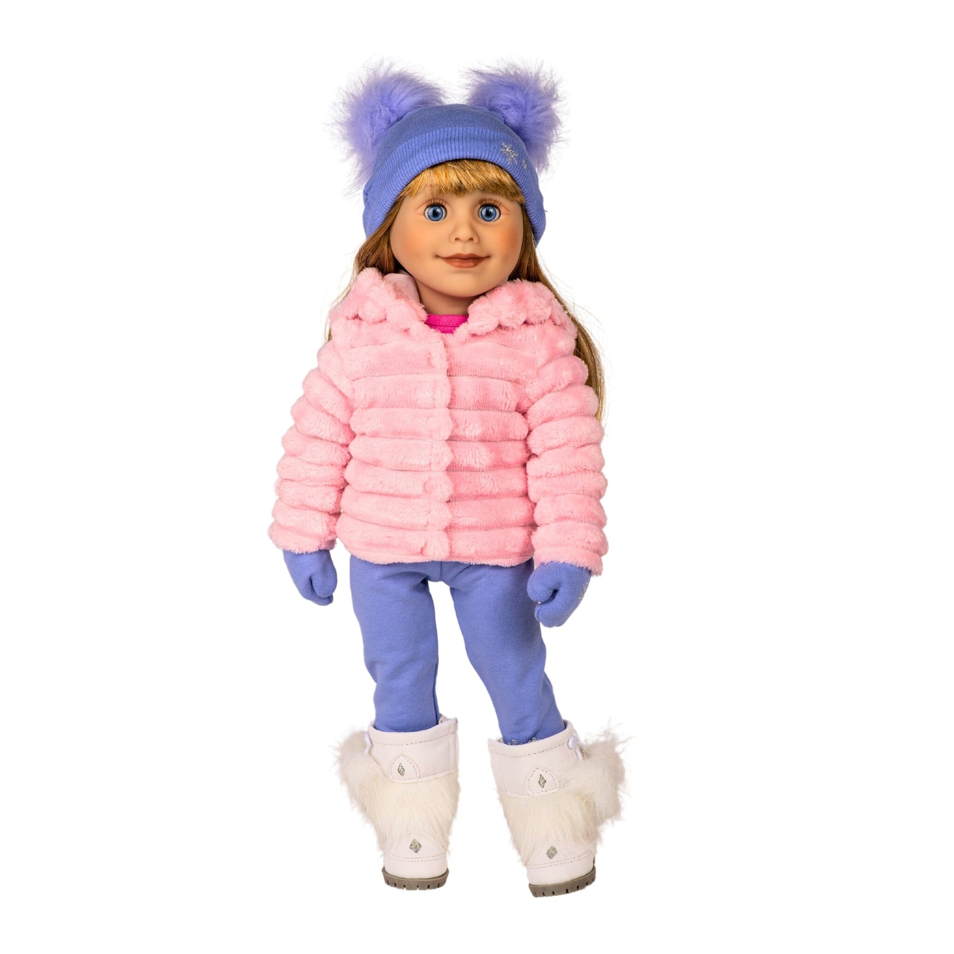 Furry white winter boots trimmed with faux fur grey soles and silver stitching on 18-inch doll