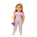 floral overalls, pink t-shirt, floral headband and flowers make a cute outfit on 18-inch doll