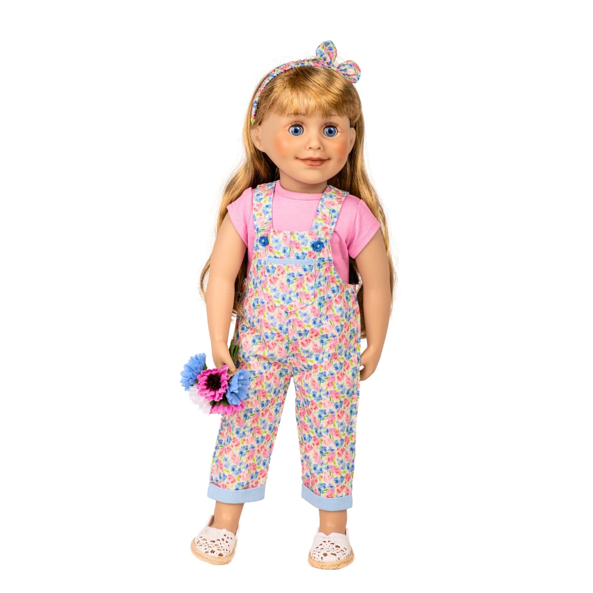 floral overalls, pink t-shirt, floral headband and flowers make a cute outfit on 18-inch doll
