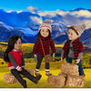 Maplelea boy and girl dolls wearing Canadian clothing toques buffalo plaid Canada jacket and hats