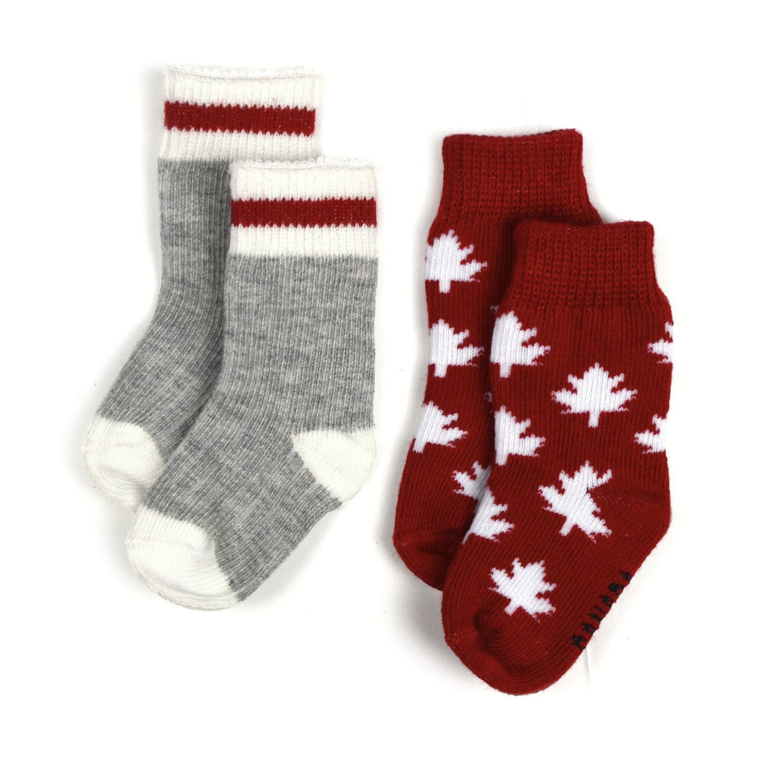 one pair of grey socks with red stripe and one pair of red and white maple leaf socks