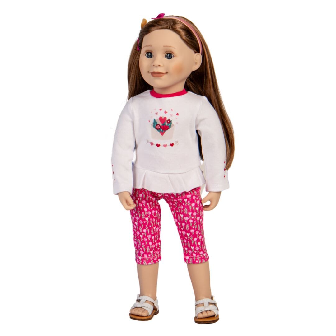 KM16 Criss Cross white sandals on 18-inch Maplelea doll in for the love of letters outfit