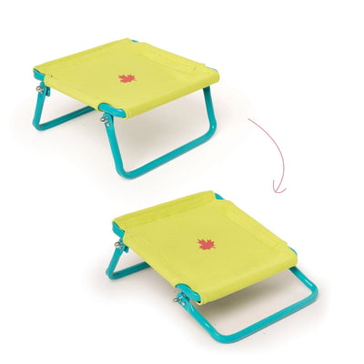 Adjustable trampoline for 18 inch dolls shown in two positions.