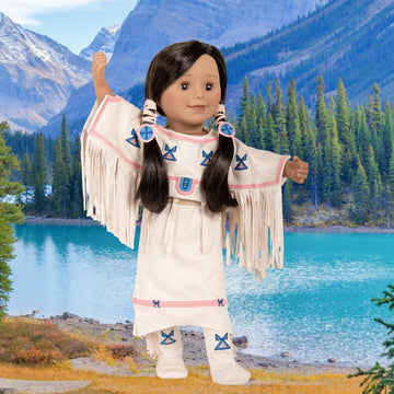 Maplelea doll wearing Canyon's Dress Norther Wiya Traditional Indigenous outfit Teresa Snow
