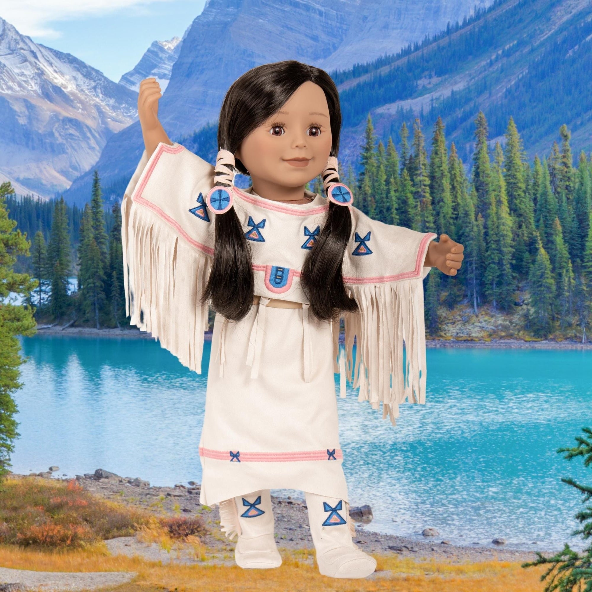 Maplelea doll wearing Canyon's Dress Norther Wiya Traditional Indigenous outfit  Teresa Snow
