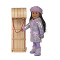 shiny pale lavender puffy coat hat and moon boots on 18-inch girl with sled