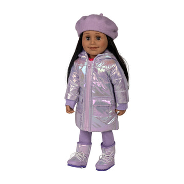 shiny pale lavender puffy coat hat and moon boots