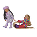shiny pale lavender puffy coat hat and moon boots on 18-inch girl with sled