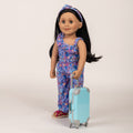 alexi in her purple and blue jumpsuit set with included suitcase
