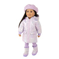18-inch doll with shiny pale lavender puffy coat hat and moon boots
