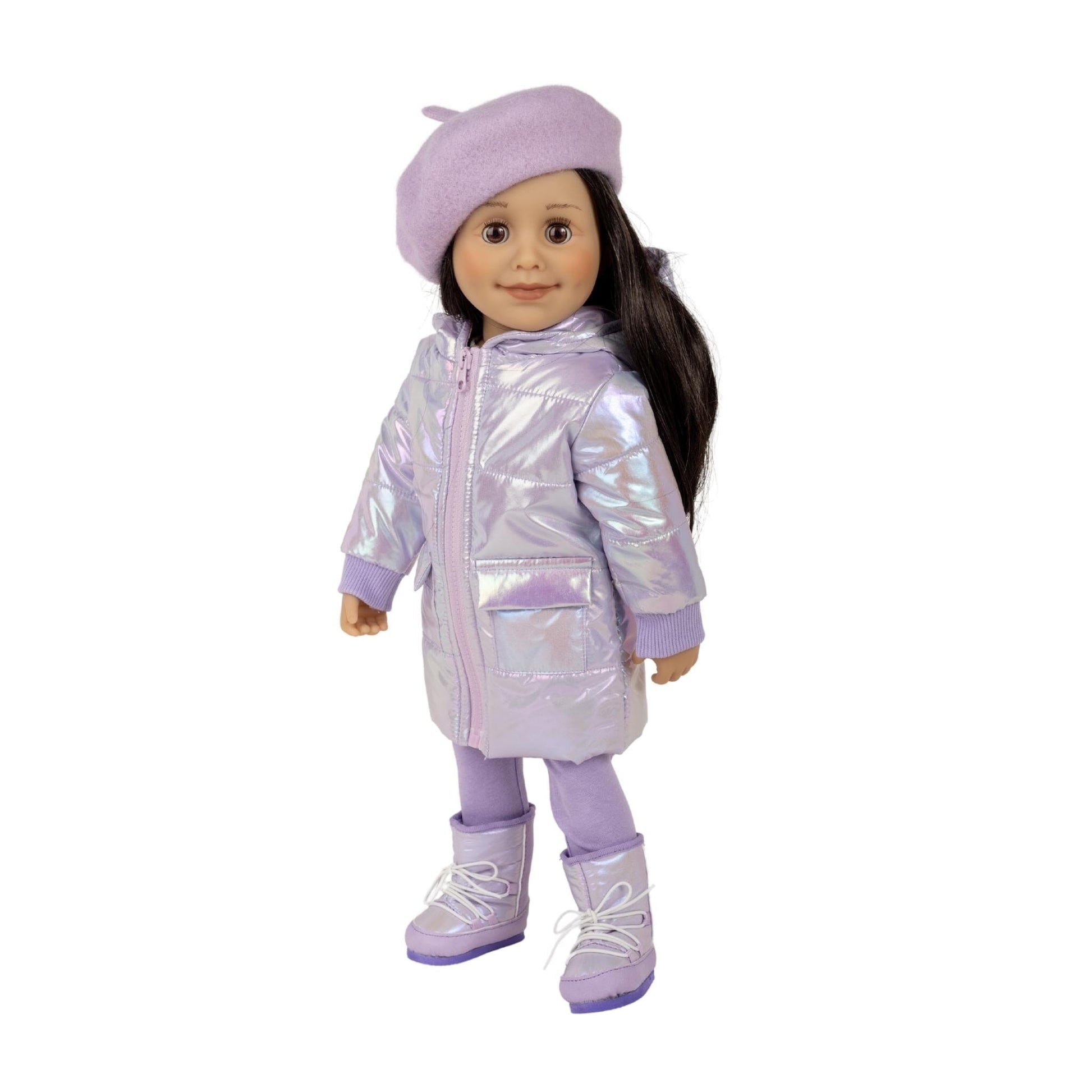 shiny pale lavender puffy coat hat and moon boots