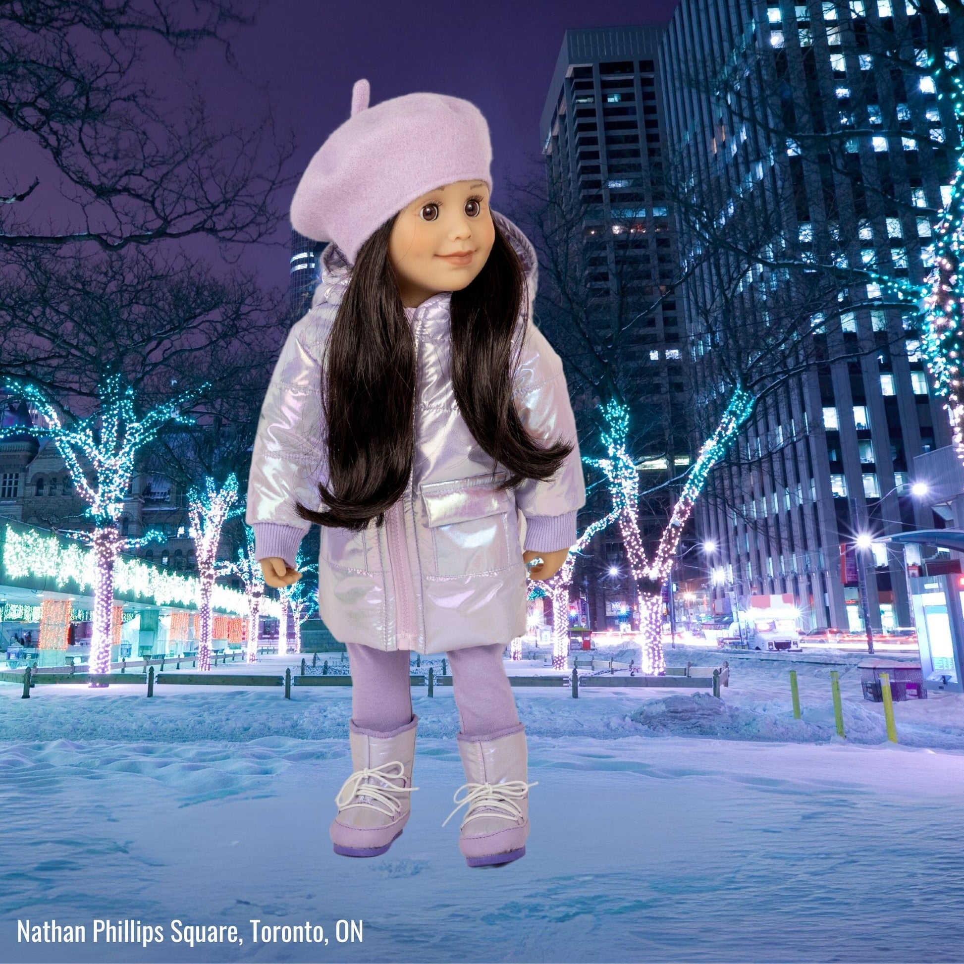 shiny pale lavender puffy coat hat and moon boots