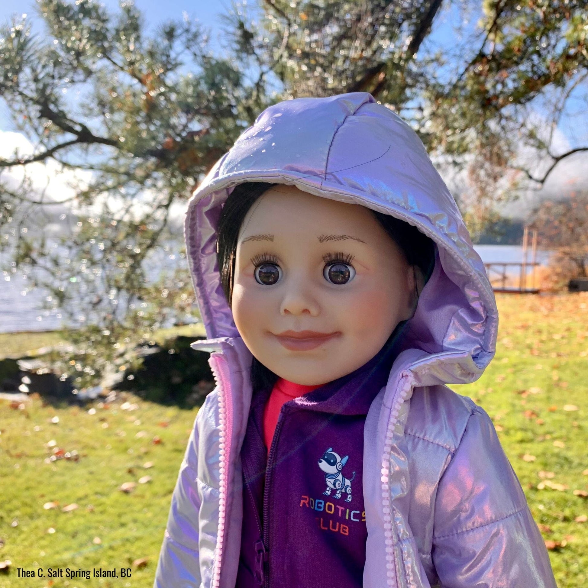 shiny pale lavender puffy coat on 18-inch doll