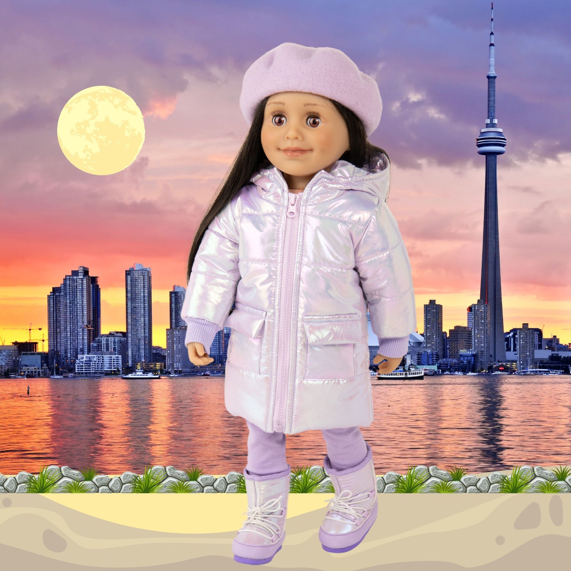 KA53-Cosmic Coat Set-Alexi doll with iridescent lilac coat lilac beret and shiny moon boots