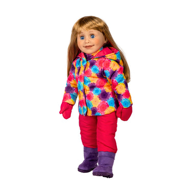 Snowsuit for 18 inch dolls includes ski jacket snow pants, mitts and boots.