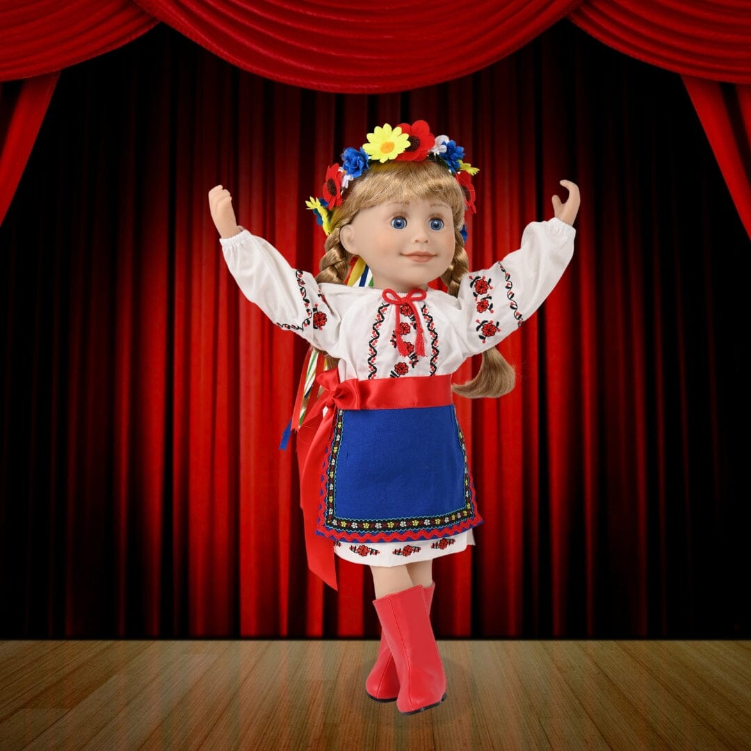 18-inch doll wearing Ukrainian dance outfit on a stage background