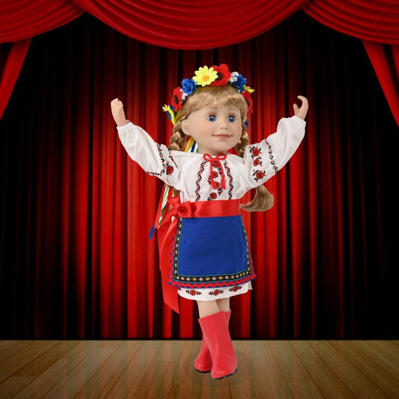 Doll wears detailed Ukrainian dance costume including red boots