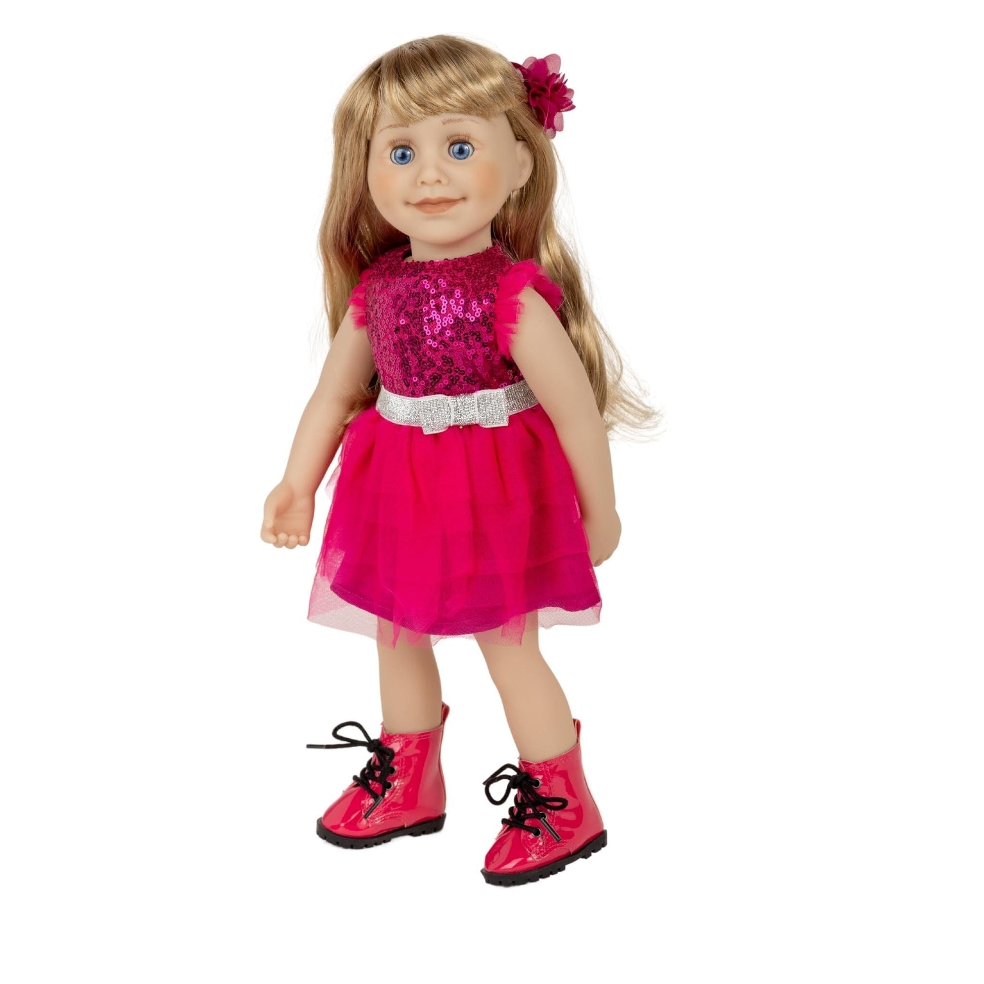 18-inch doll wearing the pink sparkly gala glitz dress set and boots