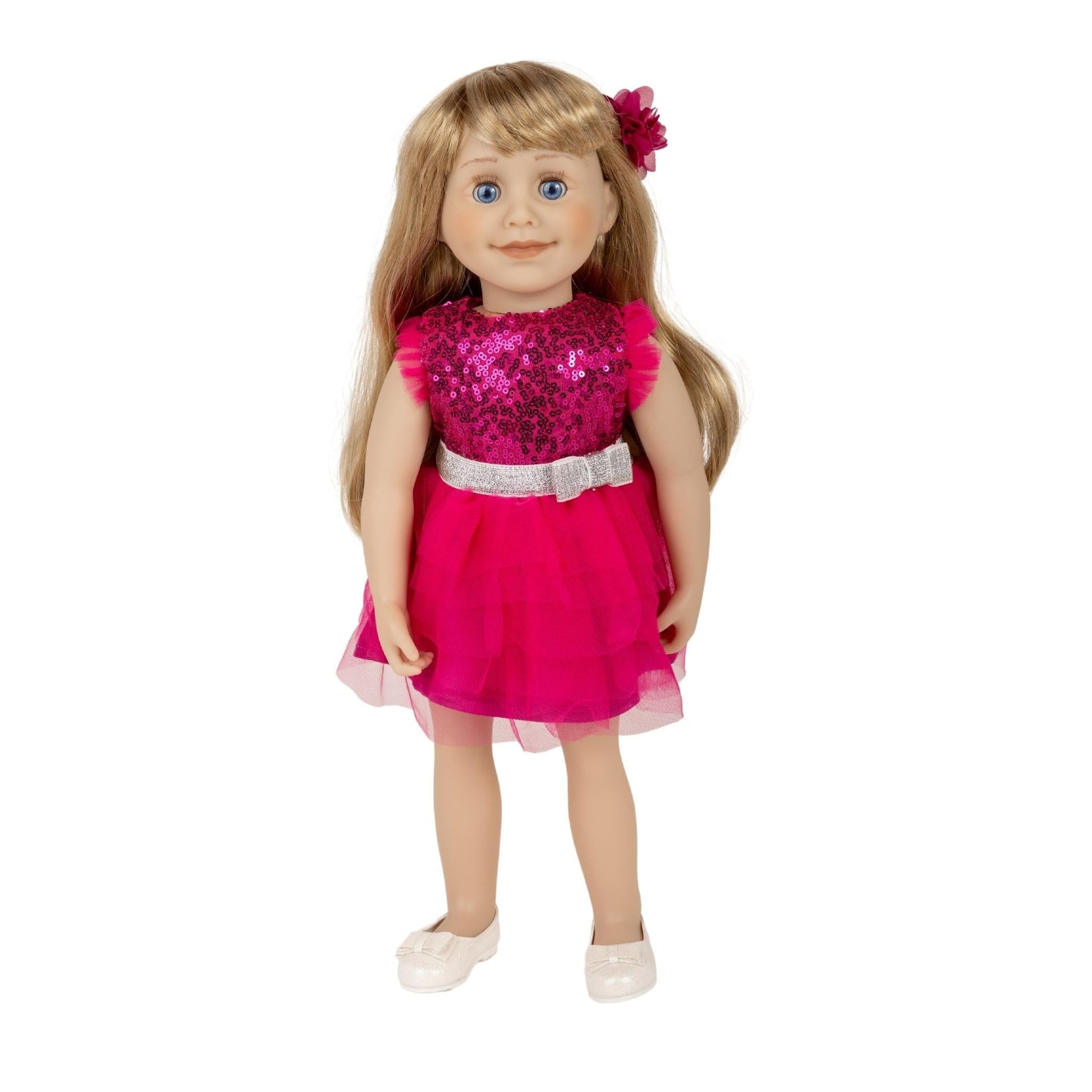 18-inch doll wearing a pink gala glitz dress set