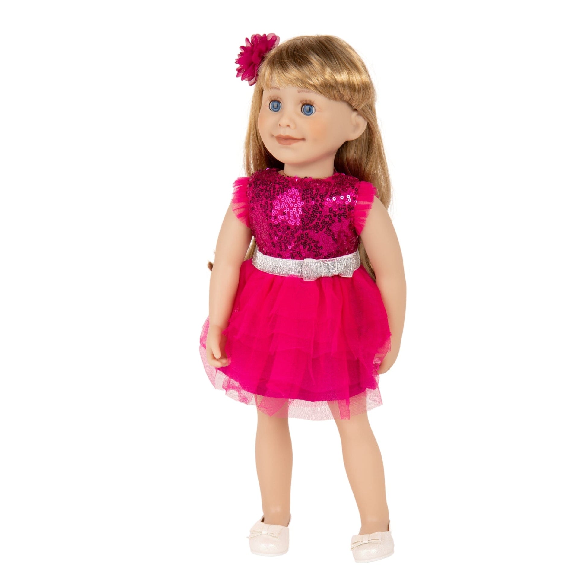 18-inch doll wearing the pink gala glitz sparkly dress set