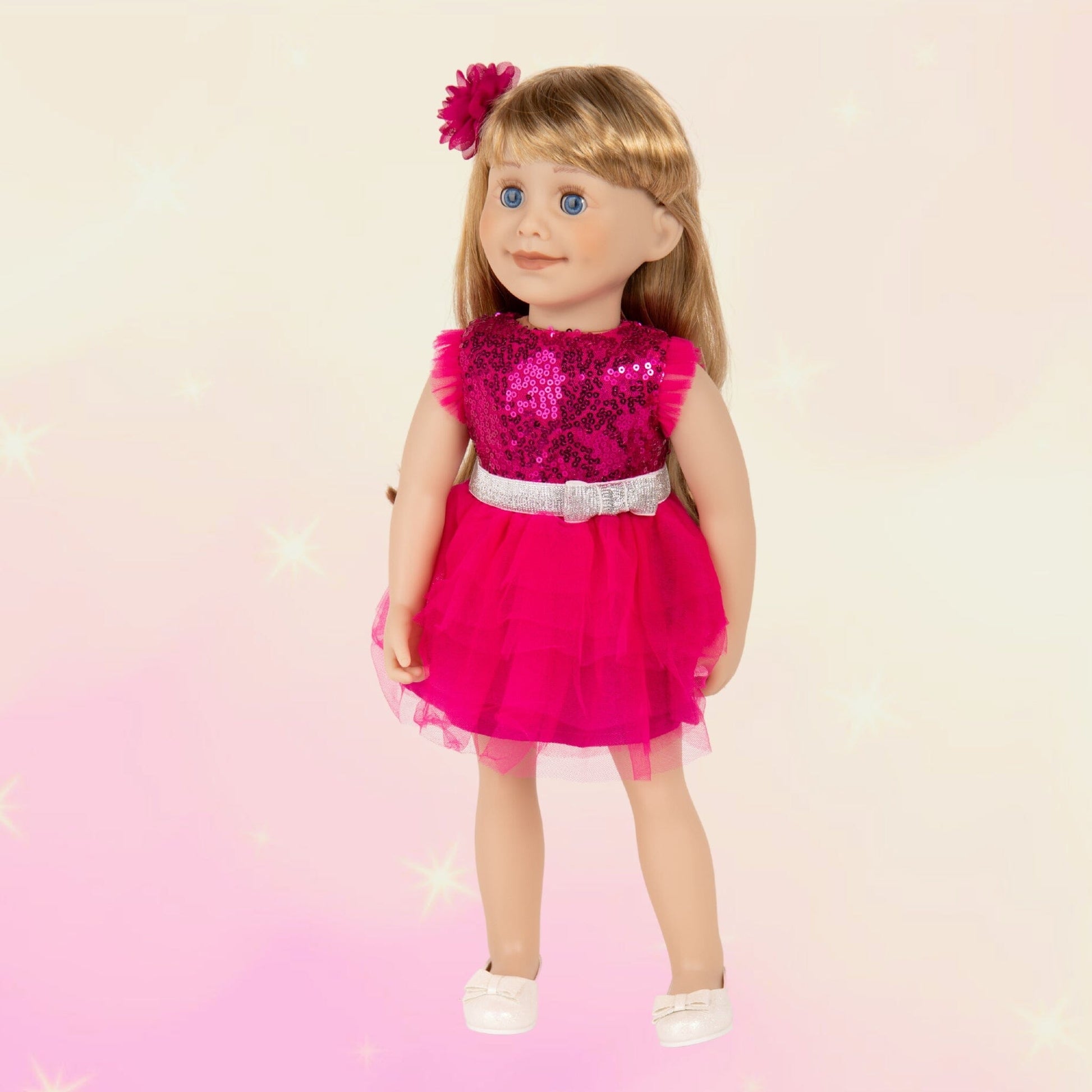 18-inch doll wearing the pink gala glitz sparkly dress set
