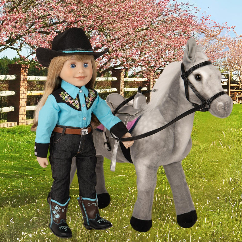 Maplelea Grey Welsh Pony for Maplelea Girl Brianne with silver saddle, reversible pink and denim horse blanket and black bridle. Fits all 18" dolls. 