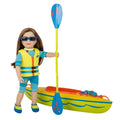 18-inch doll wearing two piece west coast waterwear set and life jacket beside kayak with paddle.