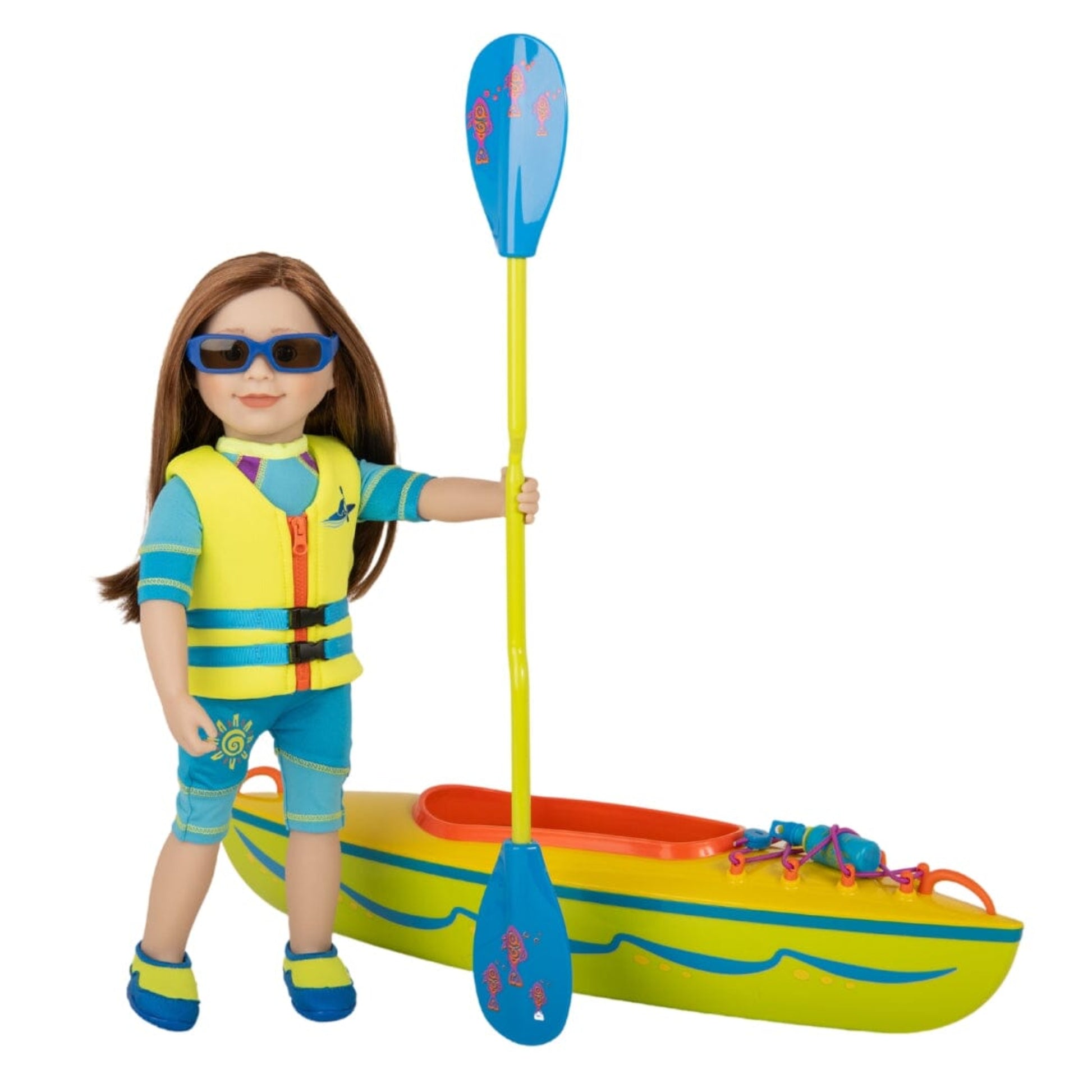 18-inch doll wearing two piece west coast waterwear set and life jacket beside kayak with paddle.