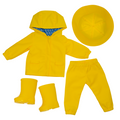 18-inch yellow raincoat, hat, pants, and boots set for 18-inch dolls.