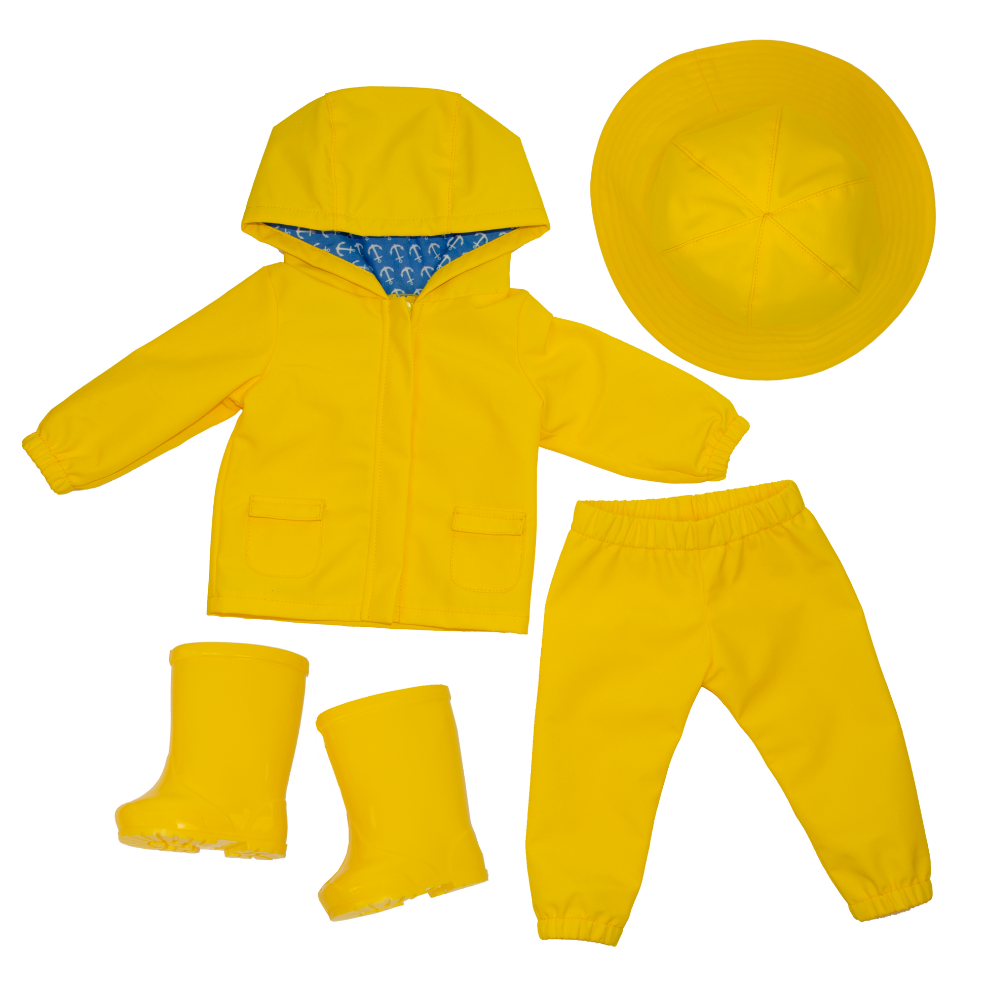 18-inch yellow raincoat, hat, pants, and boots set for 18-inch dolls.