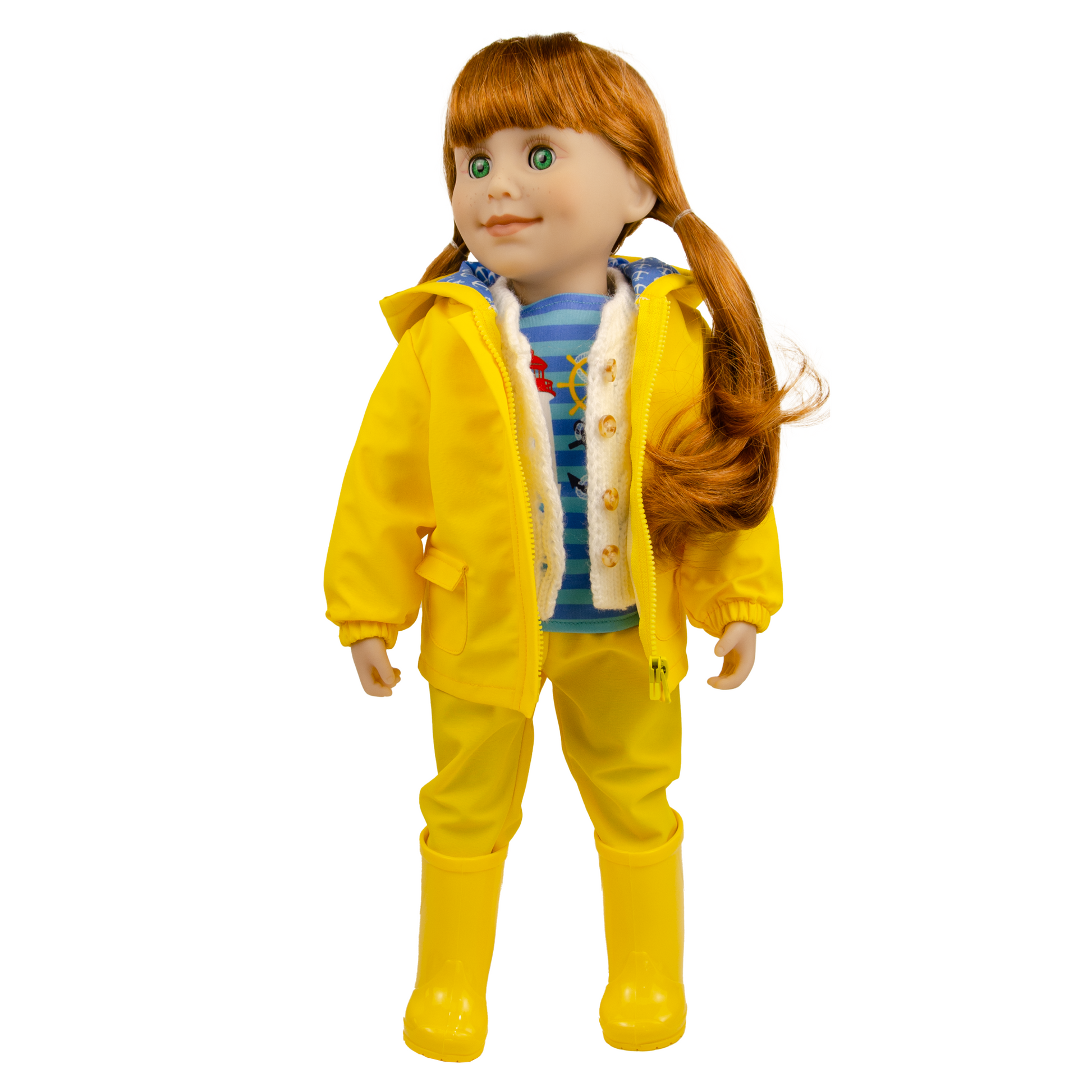 18-inch doll wearing a yellow raincoat and pants and rainboots.