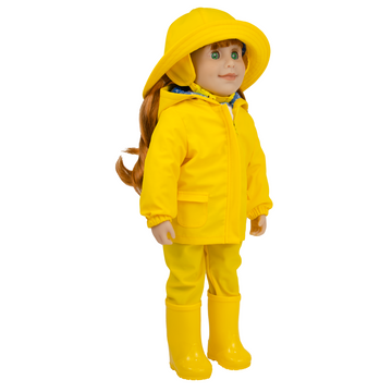 18-inch doll wearing a yellow raincoat and boots.