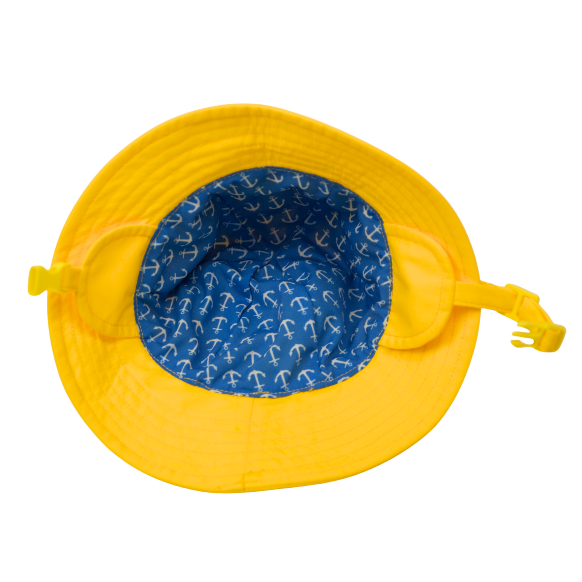 Yellow hat  with blue interior featuring anchor pattern for 18-inch dolls.
