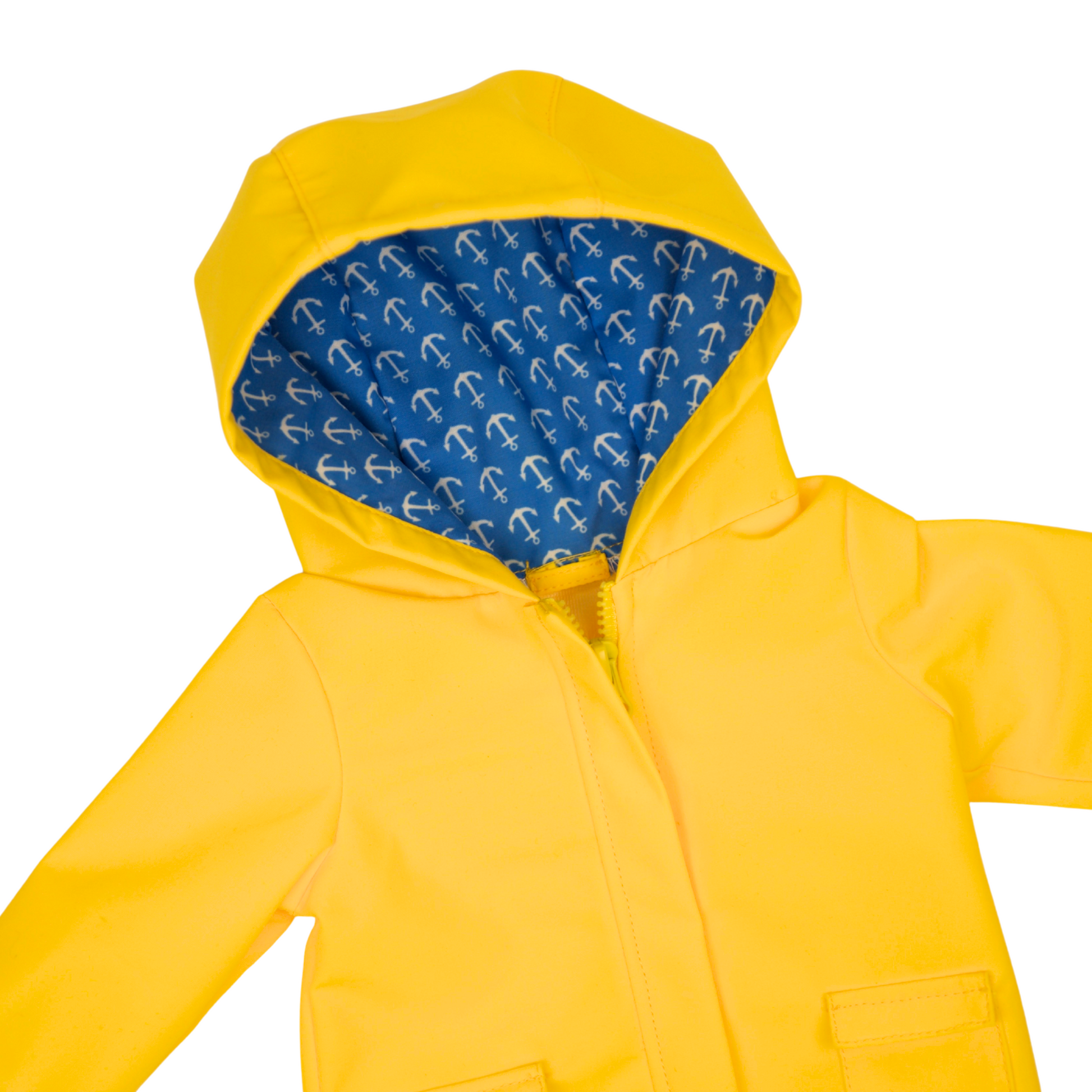 Yellow raincoat with blue interior lining with anchors for 18-inch dolls.