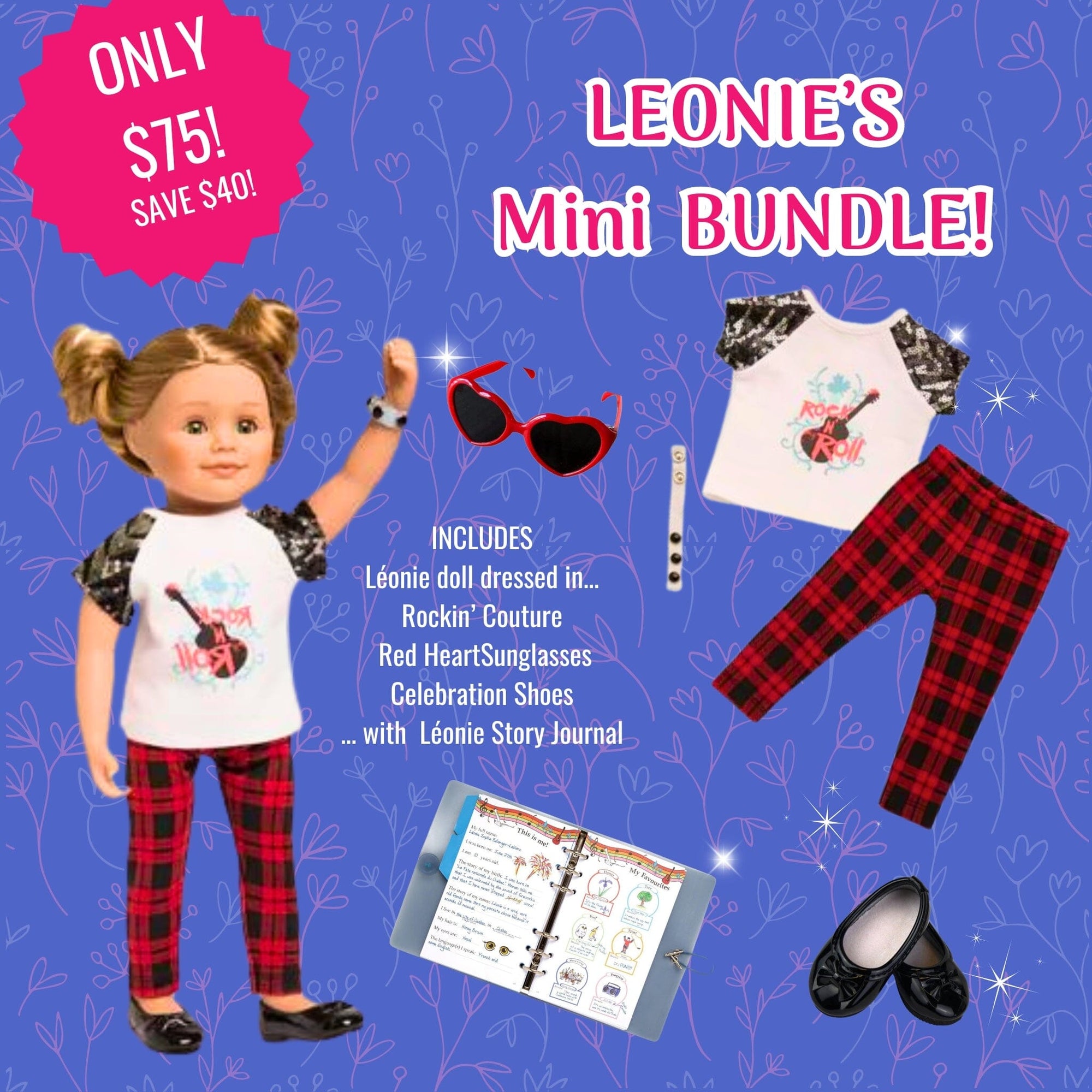 Maplelea_18inch_girl_doll_rockin'_outit_guitar-graphic_plaid-pants_Black-Shoes_Heart-shaped-Glasses_Story-Journal