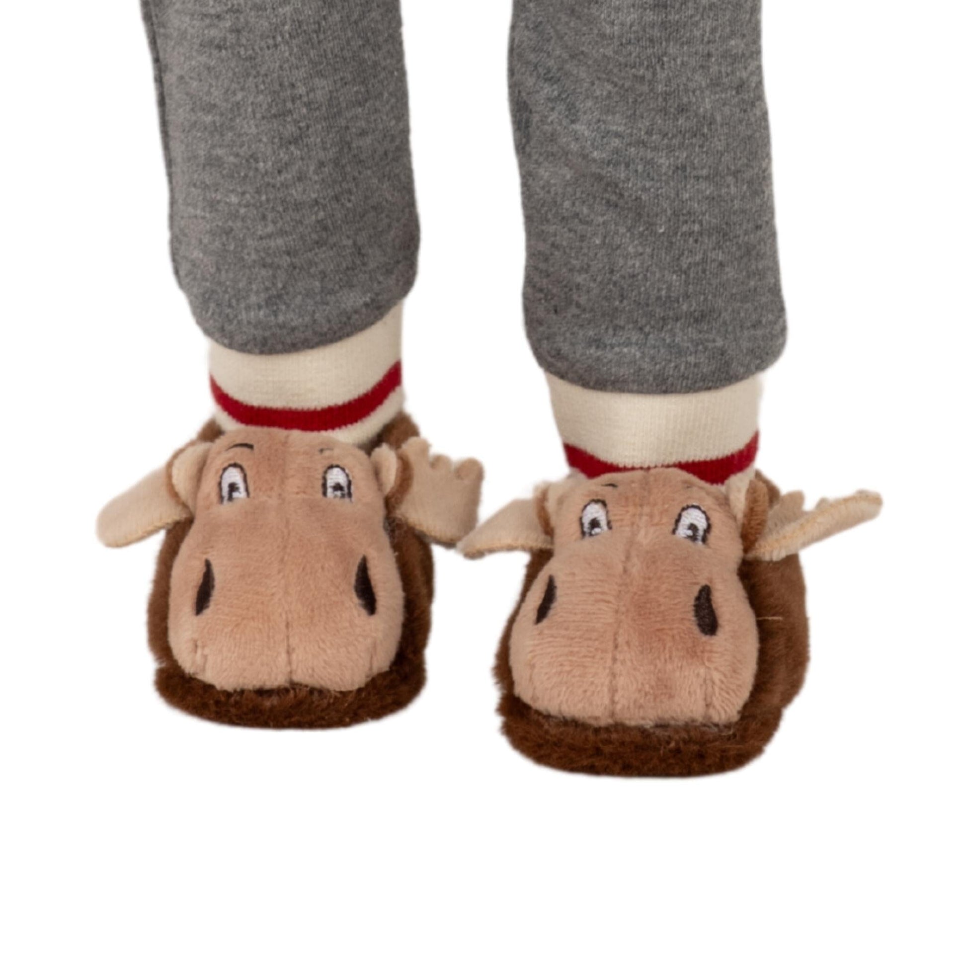 close up of moose slippers