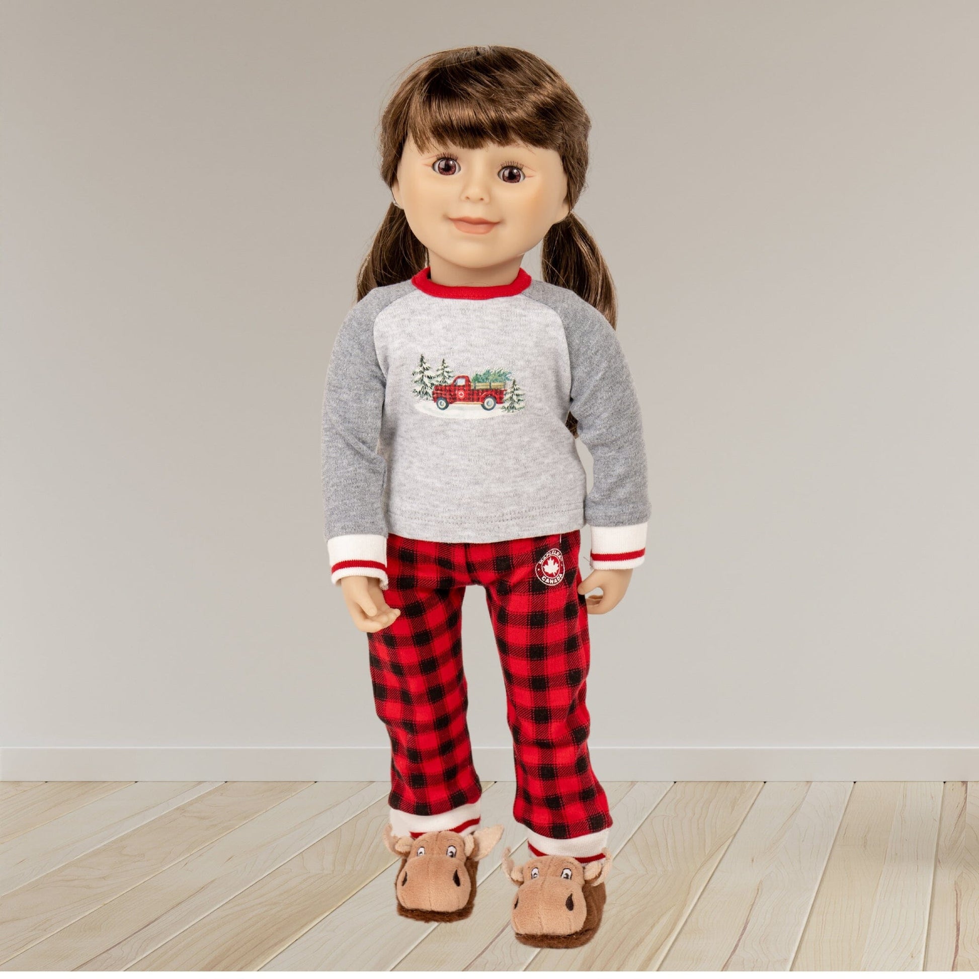 Maplelea 18" girl doll wearing moose slippers and iconic pjs