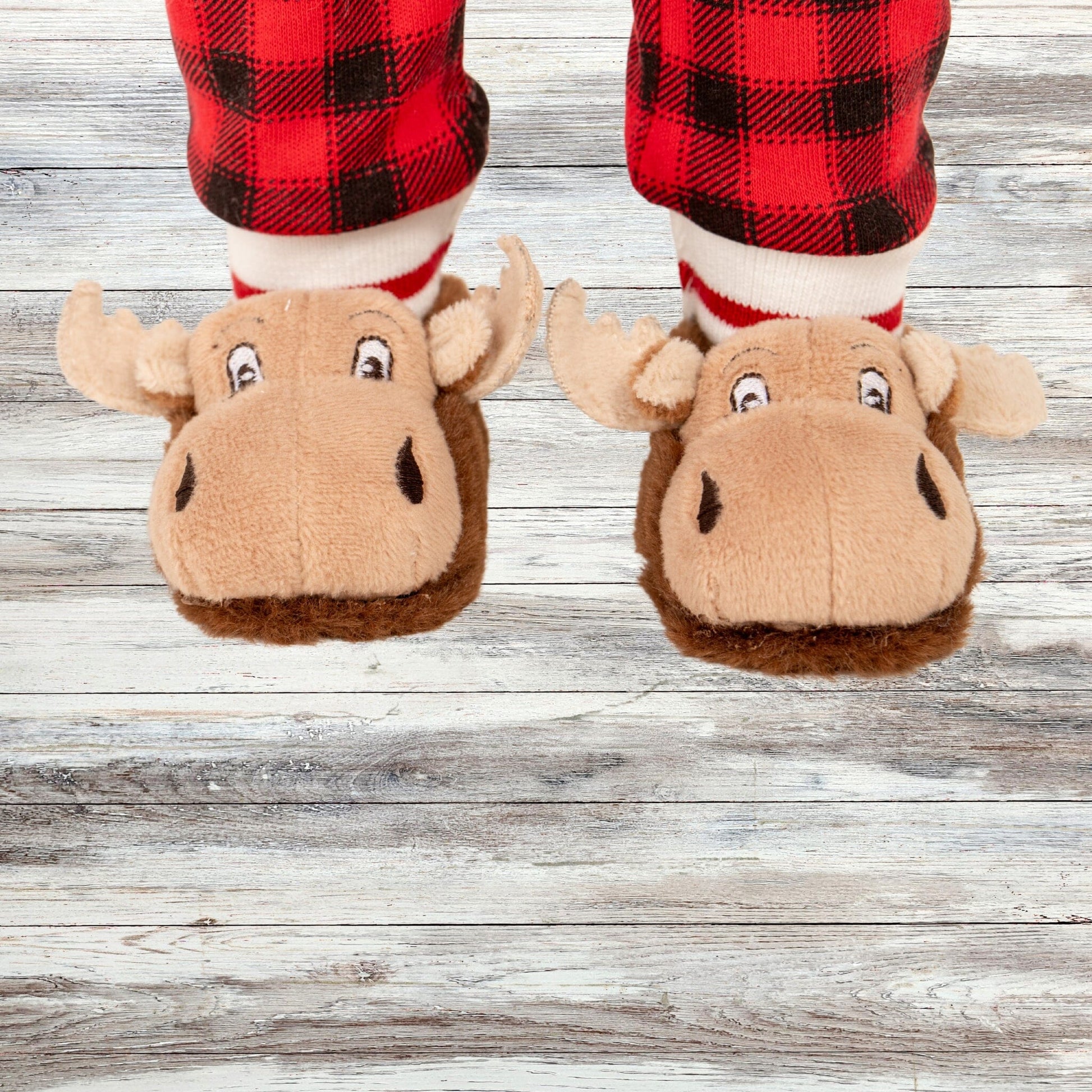 KM132 plush Moose slippers on 18 inch Maplelea doll in pajamas
