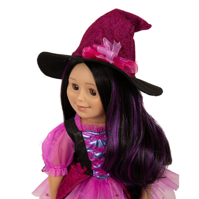 Beautiful witch hat is part of Halloween outfit for 18 inch dolls like Maplea , My Life and Our Generation dolls.