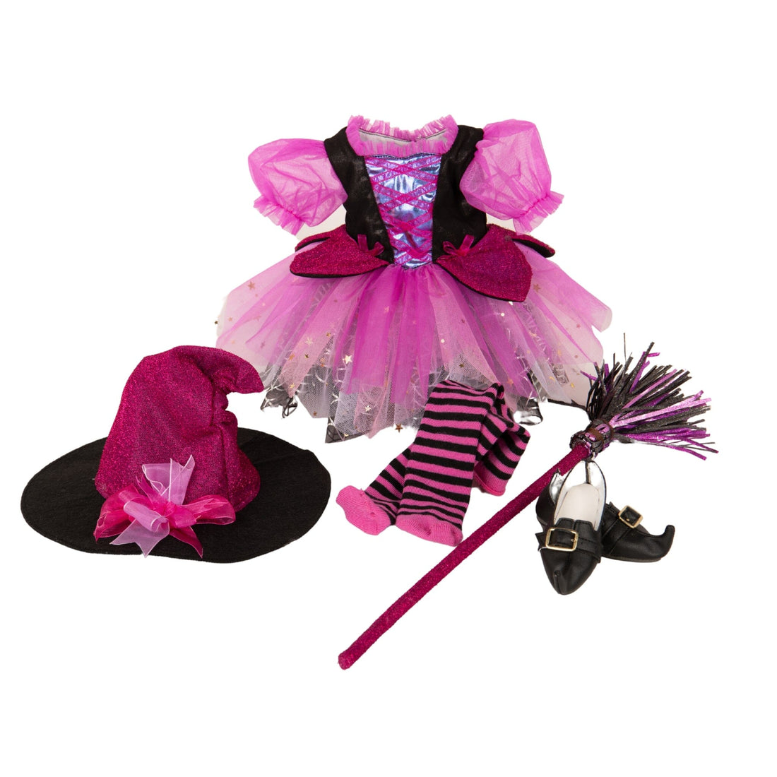 Witch costume for 18 inch doll in pink and purple with lots of sparkle