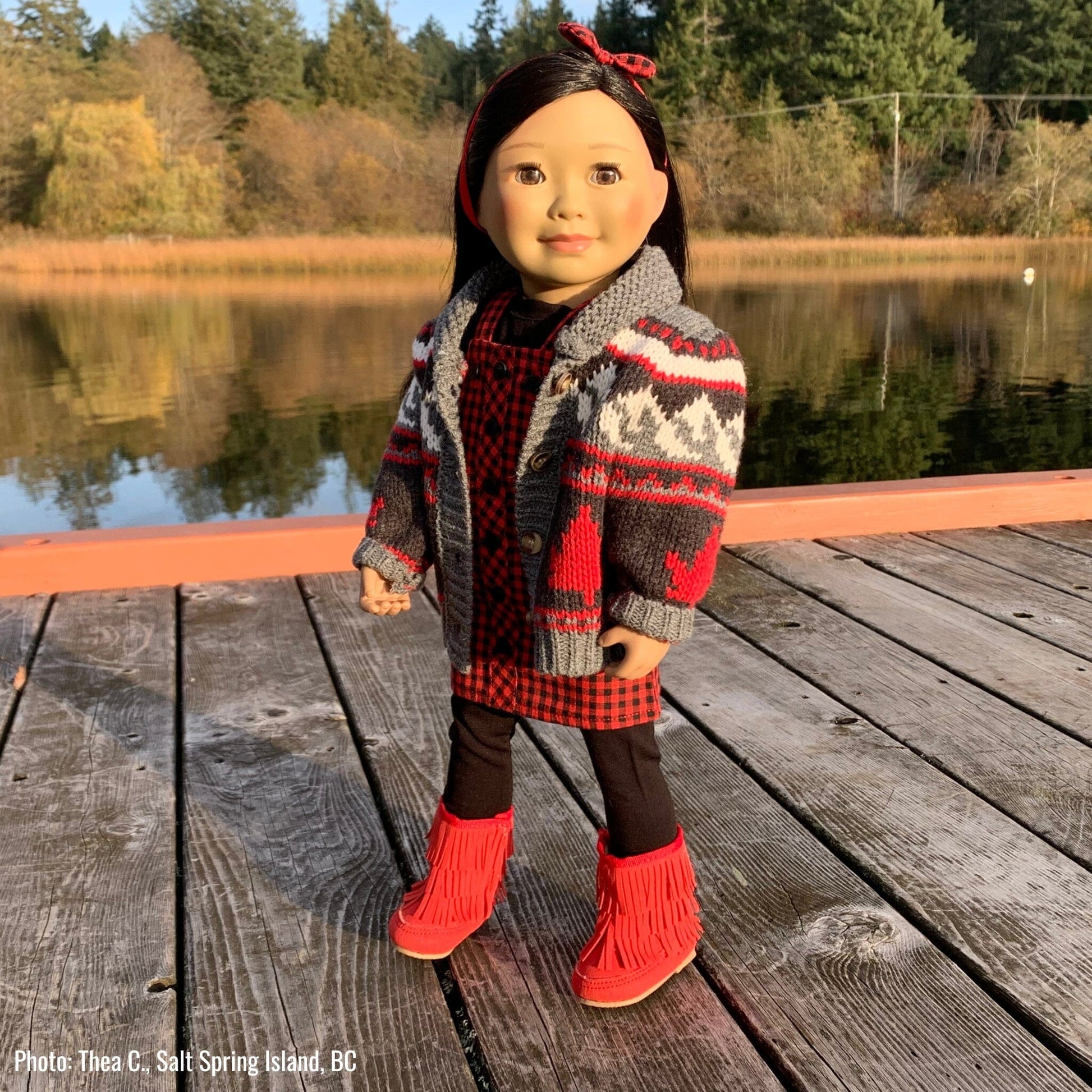 18-inch doll wearing the rocky mountain sweater and rural roots boots
